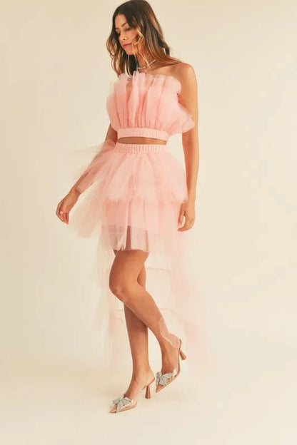 MABLE Tulle Tube Ruffle Crop Top and High Low Maxi Skirt Set - Blu Lotus Boutique