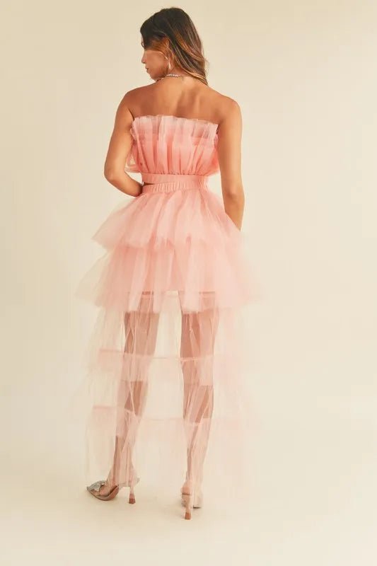 MABLE Tulle Tube Ruffle Crop Top and High Low Maxi Skirt Set - Blu Lotus Boutique