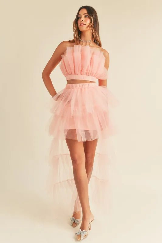 MABLE Tulle Tube Ruffle Crop Top and High Low Maxi Skirt Set - Blu Lotus Boutique