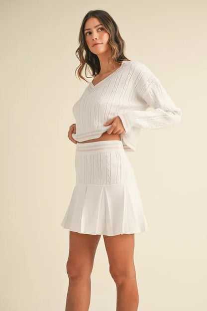 MABLE V - Neck Varsity Crop Knit Sweater and Skirt Set - Blu Lotus Boutique
