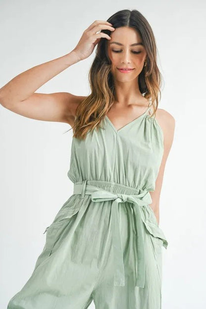 MABLE Washed Fabric Spaghetti Strap Waist Belted Jumpsuit - Blu Lotus Boutique