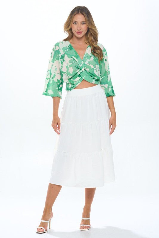 Made in USA Floral Mid Sleeve Top w Front Twist - Blu Lotus Boutique