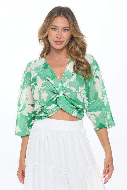 Made in USA Floral Mid Sleeve Top w Front Twist - Blu Lotus Boutique