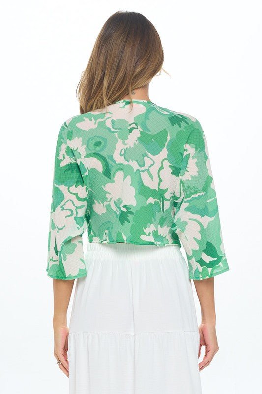 Made in USA Floral Mid Sleeve Top w Front Twist - Blu Lotus Boutique