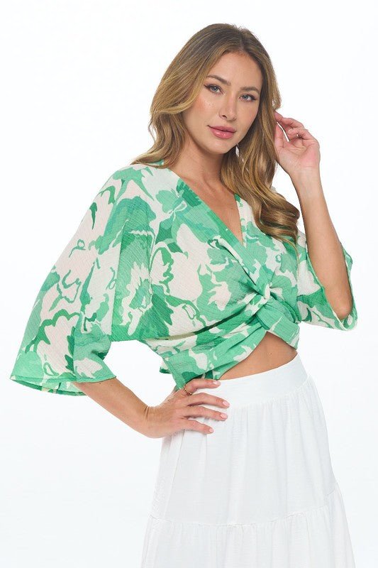 Made in USA Floral Mid Sleeve Top w Front Twist - Blu Lotus Boutique