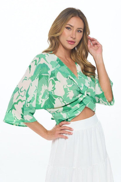 Made in USA Floral Mid Sleeve Top w Front Twist - Blu Lotus Boutique