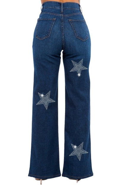 Made in USA Rhinestone Star Wide Leg Jeans - Blu Lotus Boutique