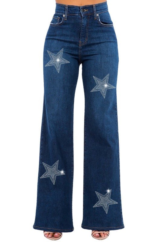 Made in USA Rhinestone Star Wide Leg Jeans - Blu Lotus Boutique