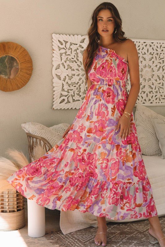 Malaysia Floral Print Shirred One Shoulder Maxi Dr - Blu Lotus Boutique