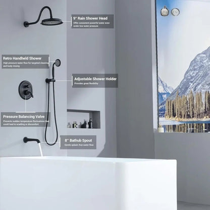 matte black shower system with tub spout, tub and shower faucet combo set with valve & trim kit bathtub shower faucet set - Blu Lotus Boutique