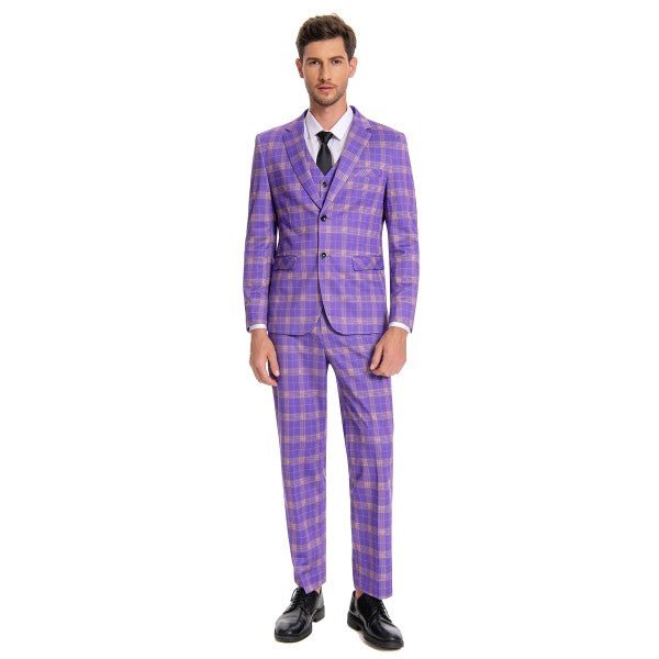 Mens 3 Piece Violet Plaid 2 Button Suit Set - Blu Lotus Boutique