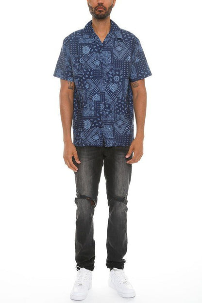 Mens Collared Print Button Down - Blu Lotus Boutique