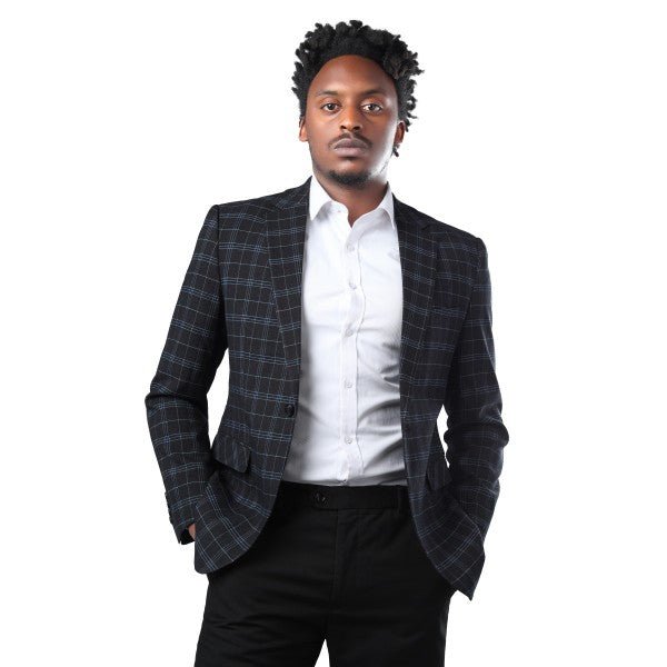 Mens Slim Fit Windowpane 1 Button Blazer Jacket - Blu Lotus Boutique