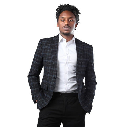 Mens Slim Fit Windowpane 1 Button Blazer Jacket - Blu Lotus Boutique