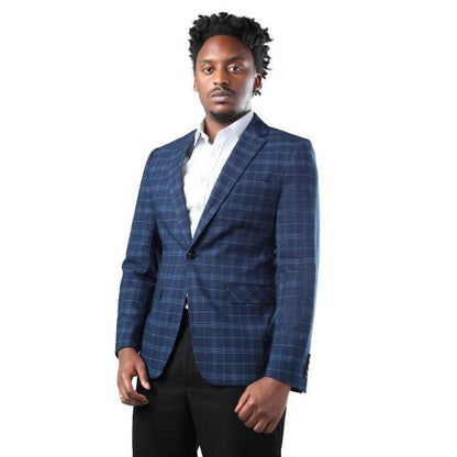 Mens Slim Fit Windowpane 1 Button Blazer Jacket - Blu Lotus Boutique
