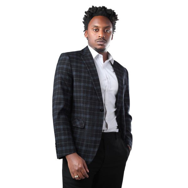 Mens Slim Fit Windowpane 1 Button Blazer Jacket - Blu Lotus Boutique