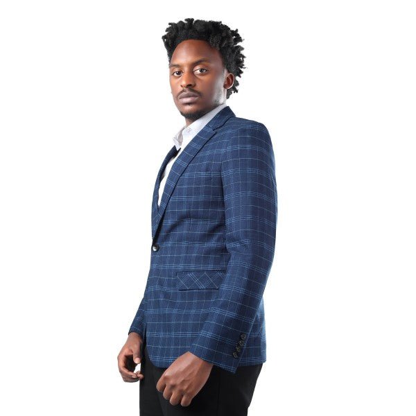 Mens Slim Fit Windowpane 1 Button Blazer Jacket - Blu Lotus Boutique