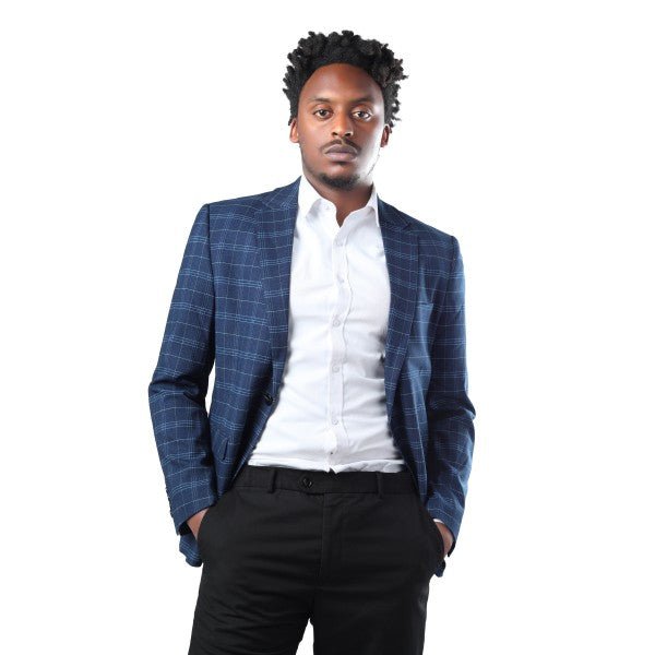 Mens Slim Fit Windowpane 1 Button Blazer Jacket - Blu Lotus Boutique