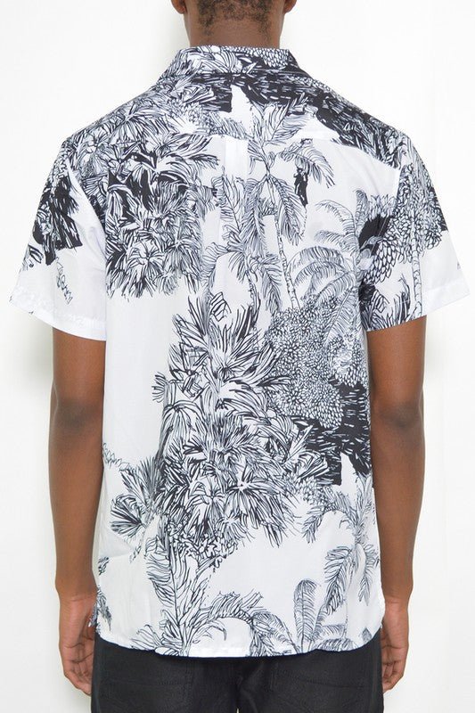 MENS WHITE BLACK PRINT BUTTON DOWN SHIRT - Blu Lotus Boutique
