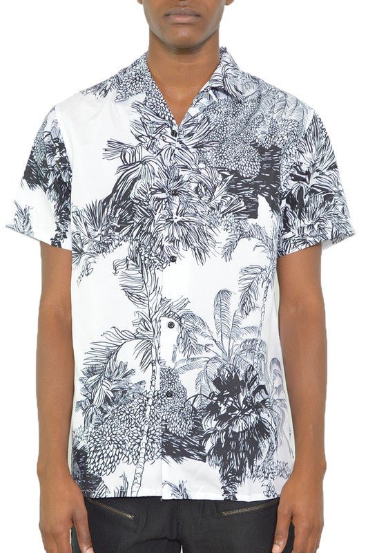 MENS WHITE BLACK PRINT BUTTON DOWN SHIRT - Blu Lotus Boutique