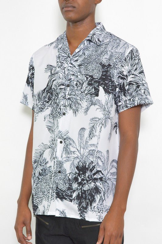 MENS WHITE BLACK PRINT BUTTON DOWN SHIRT - Blu Lotus Boutique