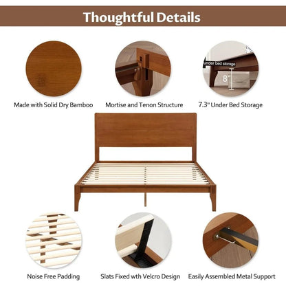 Merax Full Size Bamboo Platform Bed, Mid - Century Modern Bed Frame with Tall Headboard, Solid Sustainable Bedframe Full - Size, Woo - Blu Lotus Boutique