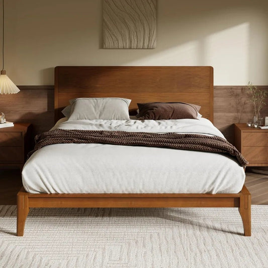 Merax Full Size Bamboo Platform Bed, Mid - Century Modern Bed Frame with Tall Headboard, Solid Sustainable Bedframe Full - Size, Woo - Blu Lotus Boutique