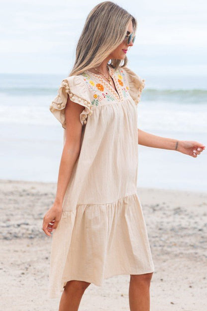 Meredith Embroidery Split Neck Short Dress - Blu Lotus Boutique