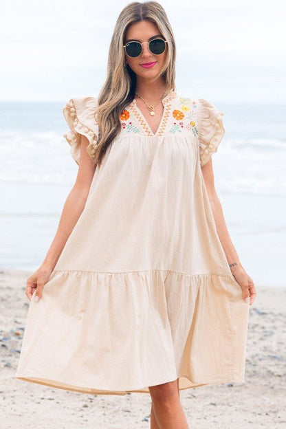 Meredith Embroidery Split Neck Short Dress - Blu Lotus Boutique