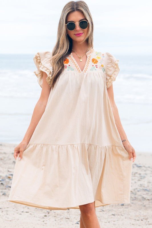 Meredith Embroidery Split Neck Short Dress - Blu Lotus Boutique