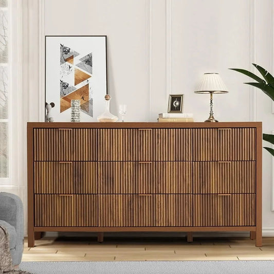 Mid Century Modern Dresser TV Stand, 9 Drawer Dresser for Bedroom Wood, Farmhouse Boho Storage Cabinet Side Table with Solid Nat - Blu Lotus Boutique