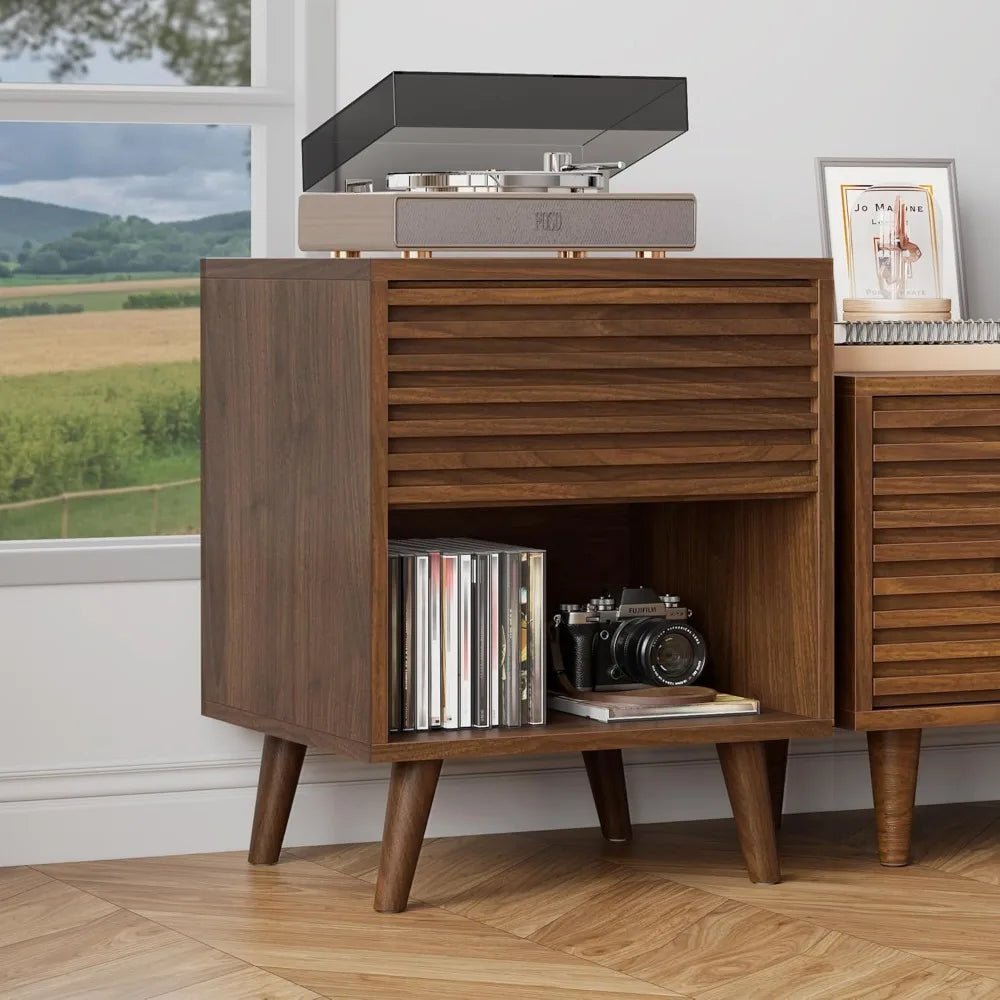 Mid Century Modern Nightstand, Fluted Night Stand, Wood Bedside Table with Drawer and Cube Storage for Bedroom, Side Accent - Blu Lotus Boutique