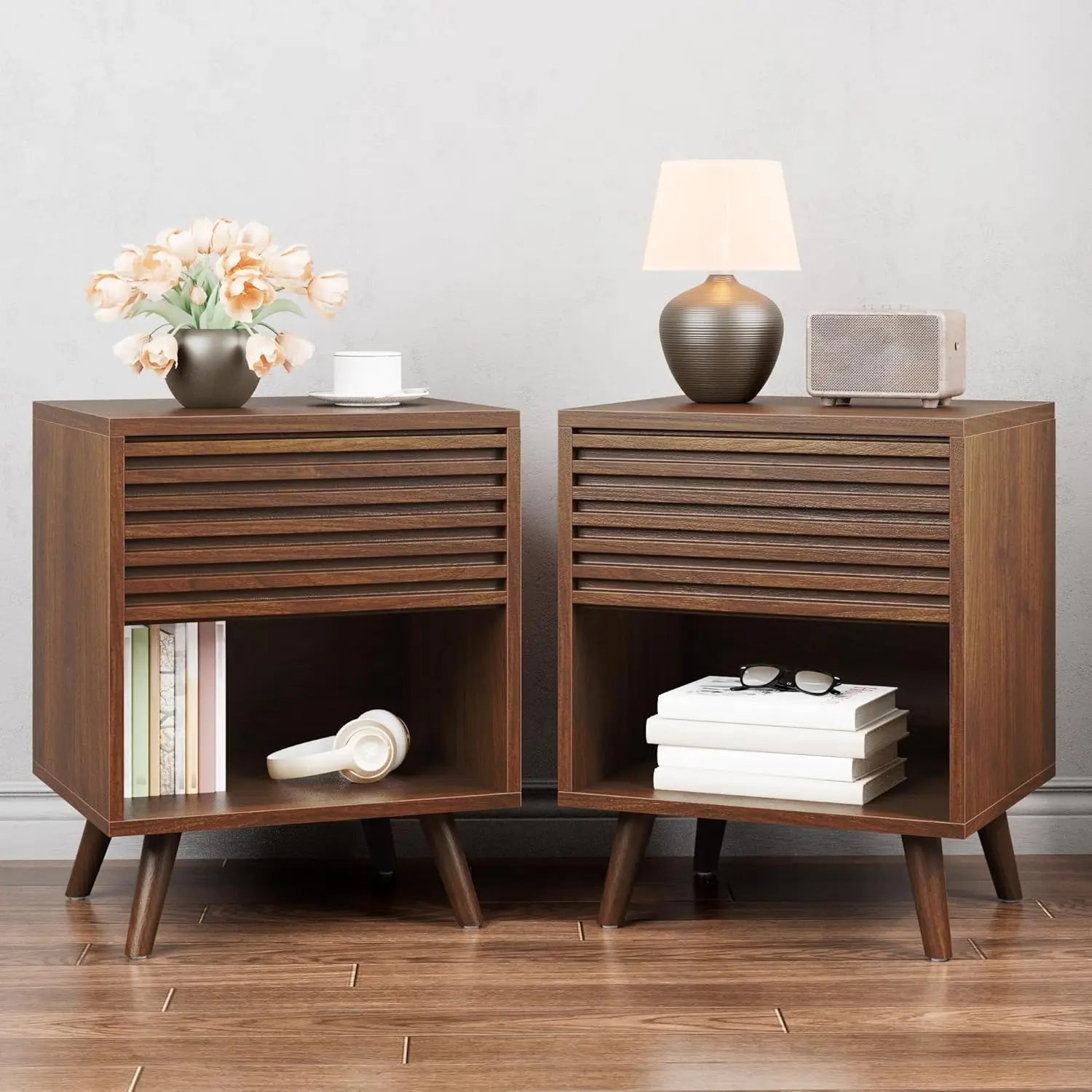 Mid Century Modern Nightstand, Fluted Night Stand, Wood Bedside Table with Drawer and Cube Storage for Bedroom, Side Accent - Blu Lotus Boutique