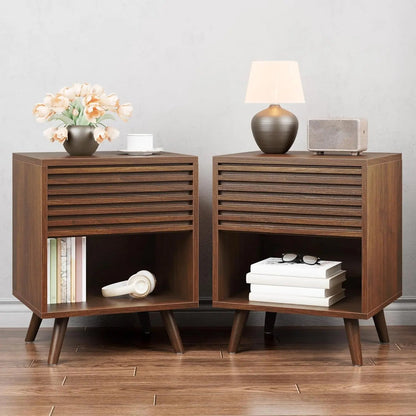 Mid Century Modern Nightstand, Fluted Night Stand, Wood Bedside Table with Drawer and Cube Storage for Bedroom, Side Accent - Blu Lotus Boutique