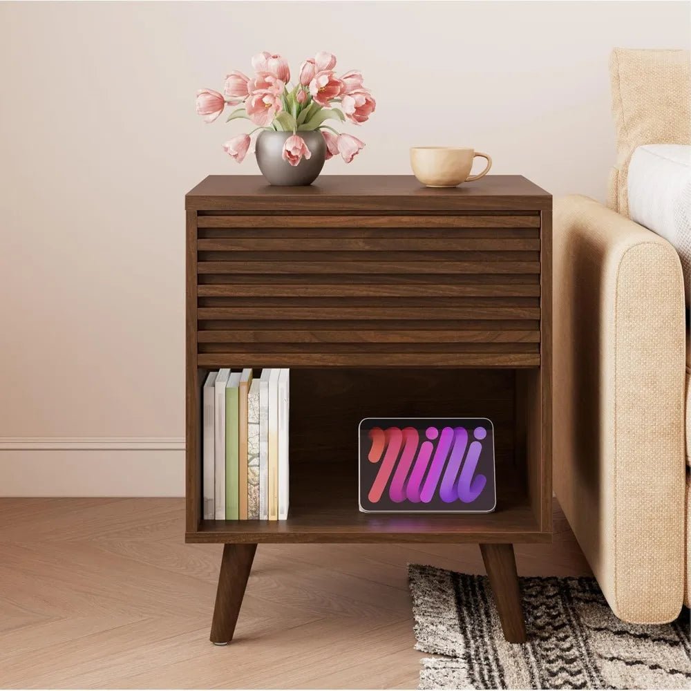 Mid Century Modern Nightstand, Fluted Night Stand, Wood Bedside Table with Drawer and Cube Storage for Bedroom, Side Accent - Blu Lotus Boutique