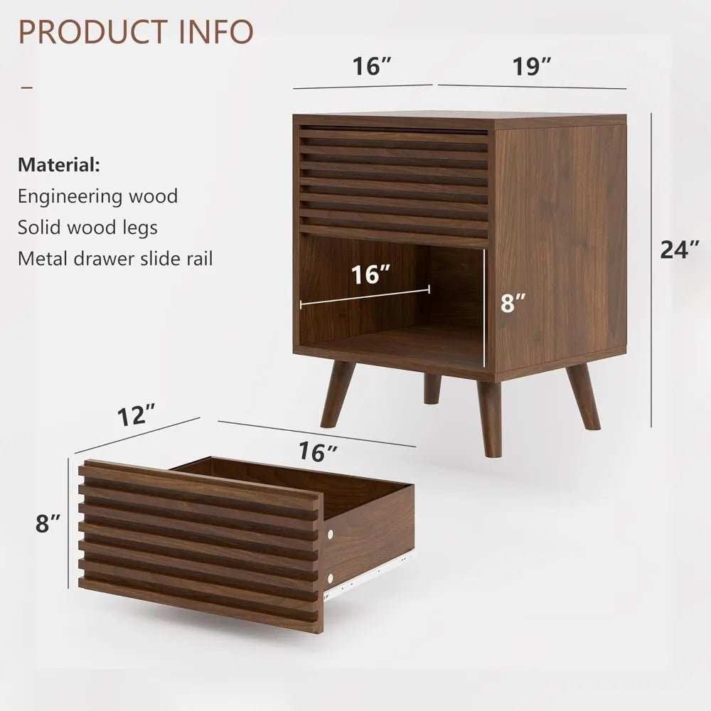 Mid Century Modern Nightstand, Fluted Night Stand, Wood Bedside Table with Drawer and Cube Storage for Bedroom, Side Accent - Blu Lotus Boutique