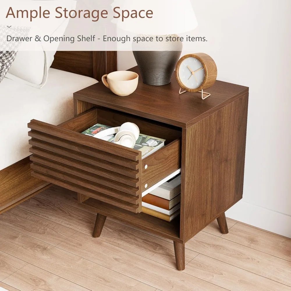 Mid Century Modern Nightstand, Fluted Night Stand, Wood Bedside Table with Drawer and Cube Storage for Bedroom, Side Accent - Blu Lotus Boutique