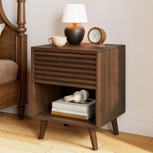 Mid Century Modern Nightstand, Fluted Night Stand, Wood Bedside Table with Drawer and Cube Storage for Bedroom, Side Accent - Blu Lotus Boutique