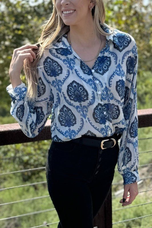 Mila Pattern Button Top - Blu Lotus Boutique