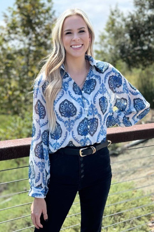 Mila Pattern Button Top - Blu Lotus Boutique