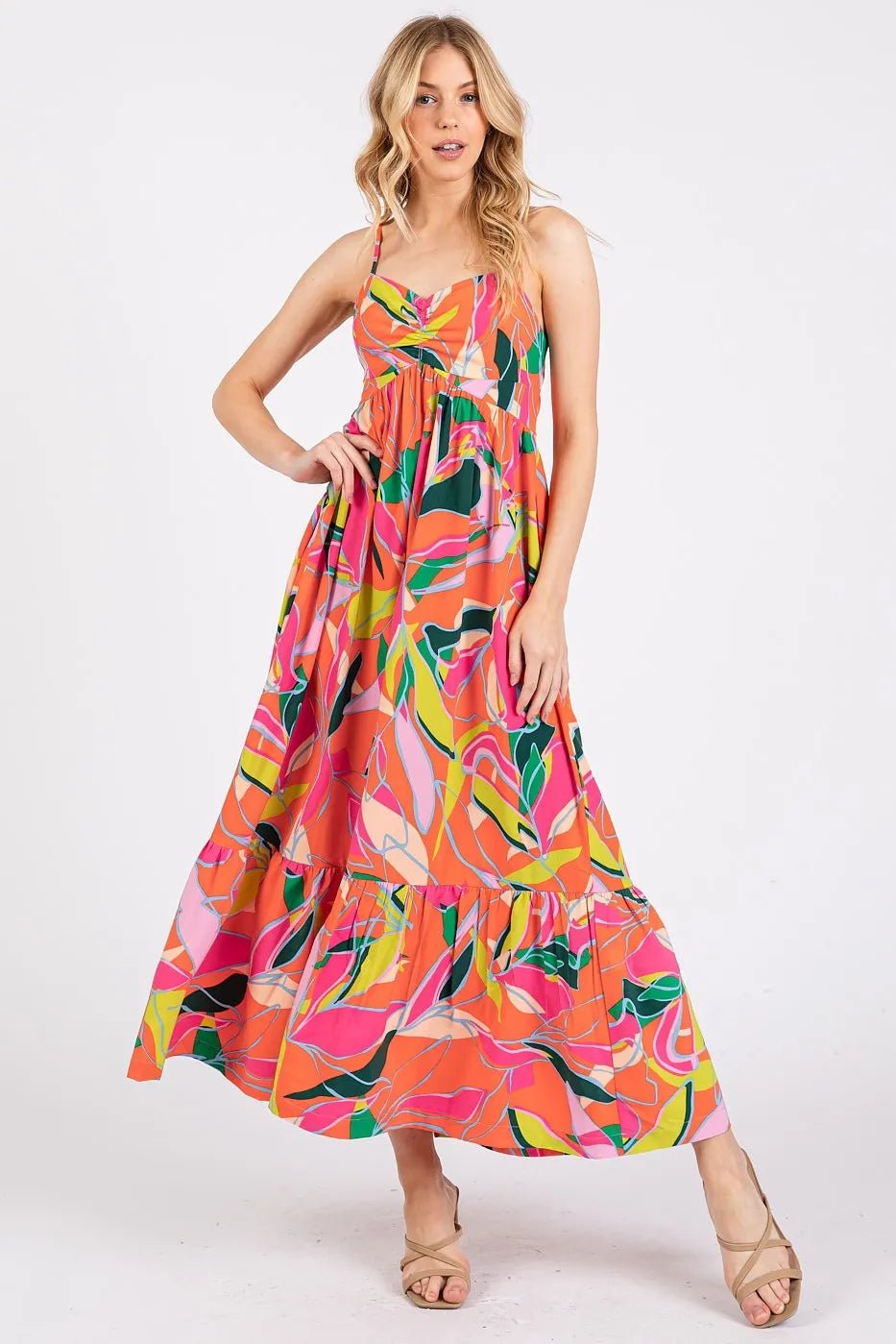 Mittoshop Multicolor Leaf Print Tie Back Maxi Dress - Blu Lotus Boutique