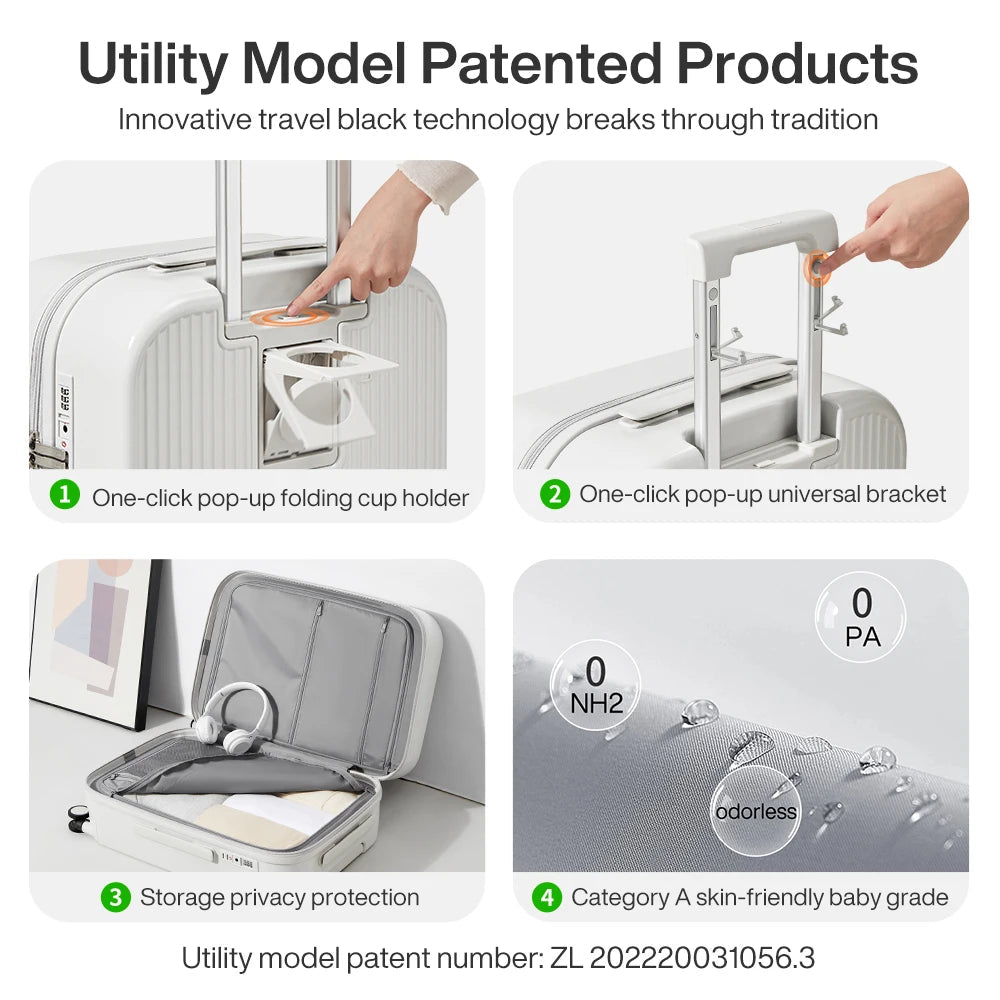 Mixi 2024 New Design Suitcase Carry On Luggage with Cup Phone Holder Hard Shell Rolling Luggage PC Spinner Wheels Trolley Case - Blu Lotus Boutique