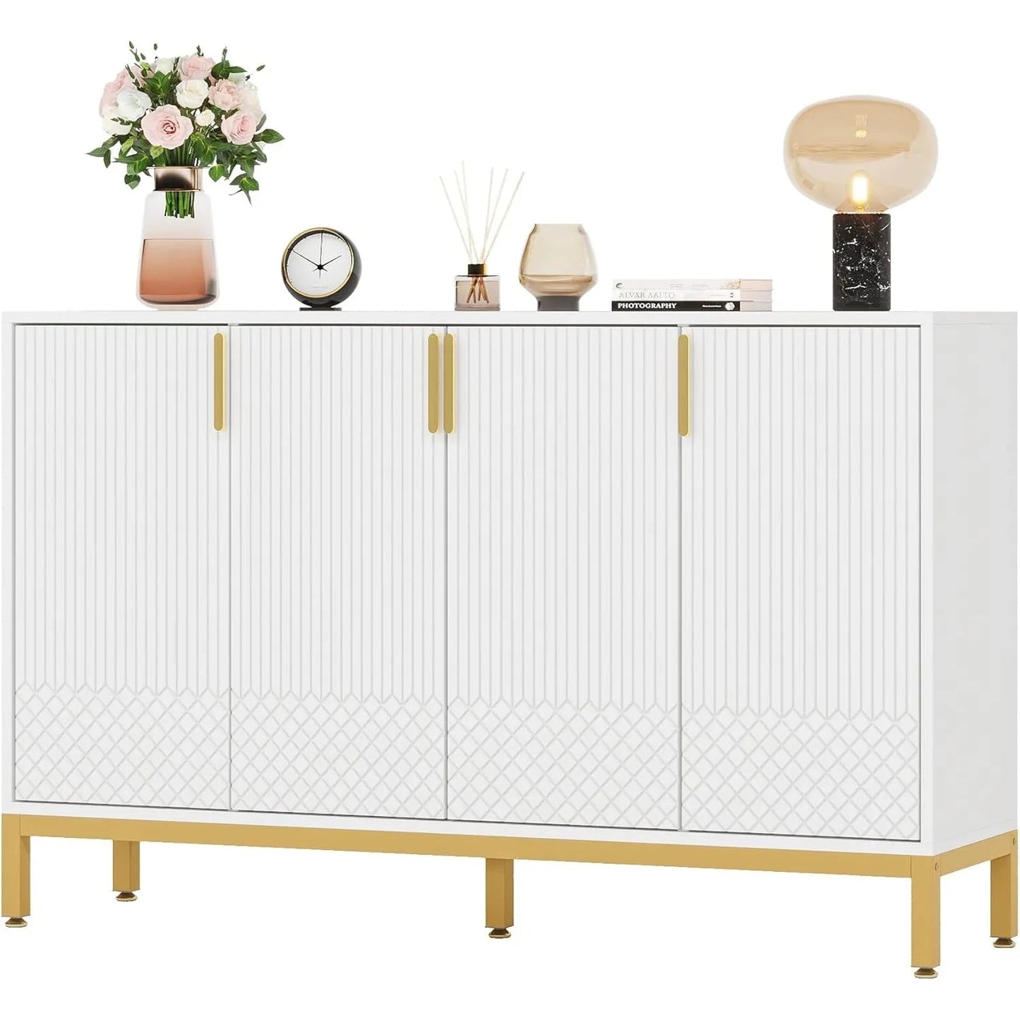 Modern Storage Cabinet, 59 Inch Console Buffet Cabinet Sideboard with 4 Doors & Gold Metal Base for Dining Room, Living Room - Blu Lotus Boutique