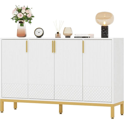 Modern Storage Cabinet, 59 Inch Console Buffet Cabinet Sideboard with 4 Doors & Gold Metal Base for Dining Room, Living Room - Blu Lotus Boutique