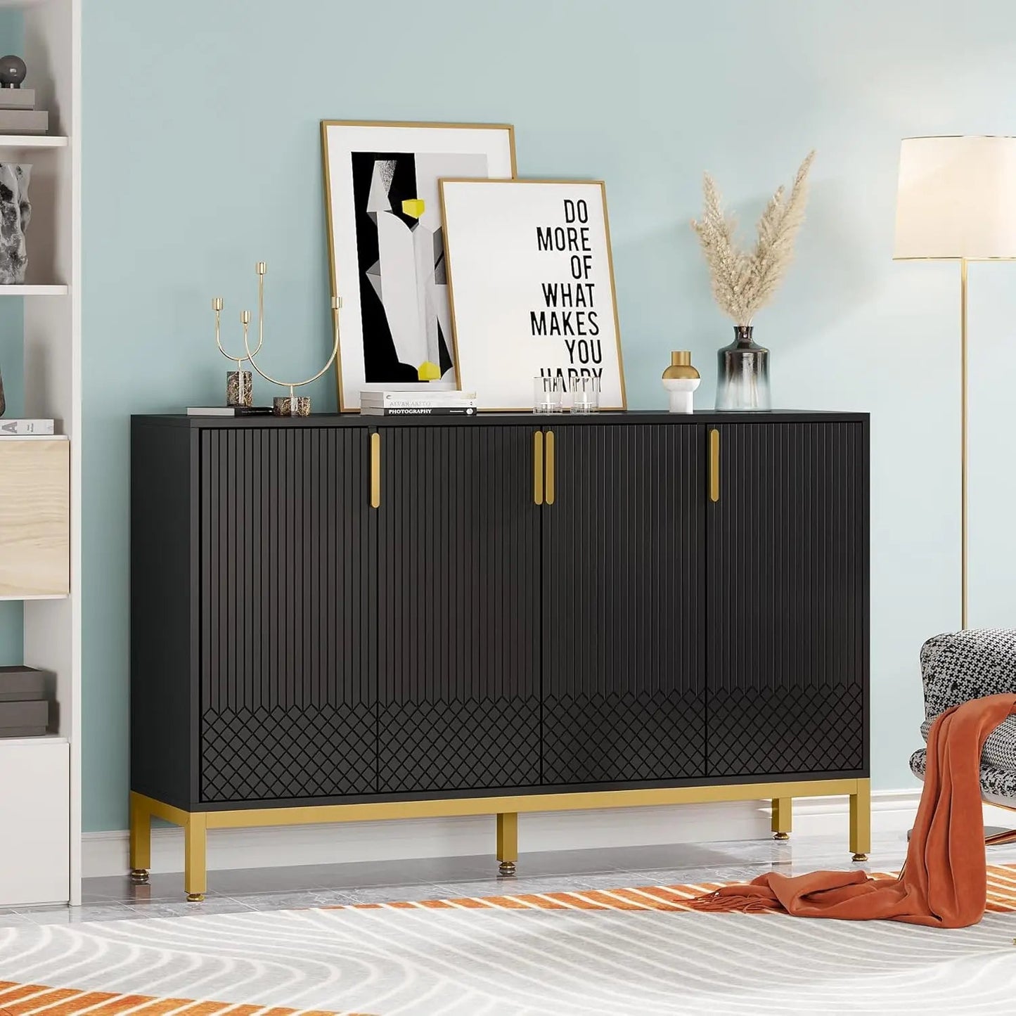 Modern Storage Cabinet, 59 Inch Console Buffet Cabinet Sideboard with 4 Doors & Gold Metal Base for Dining Room, Living Room - Blu Lotus Boutique