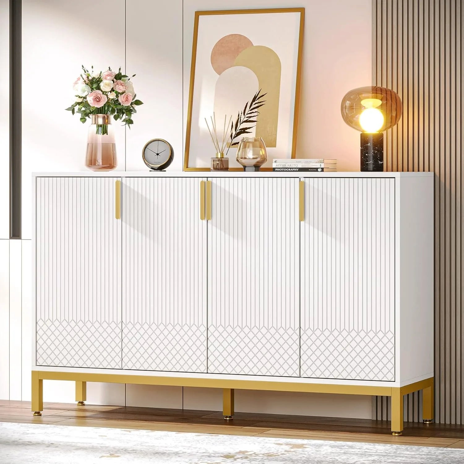 Modern Storage Cabinet, 59 Inch Console Buffet Cabinet Sideboard with 4 Doors & Gold Metal Base for Dining Room, Living Room - Blu Lotus Boutique