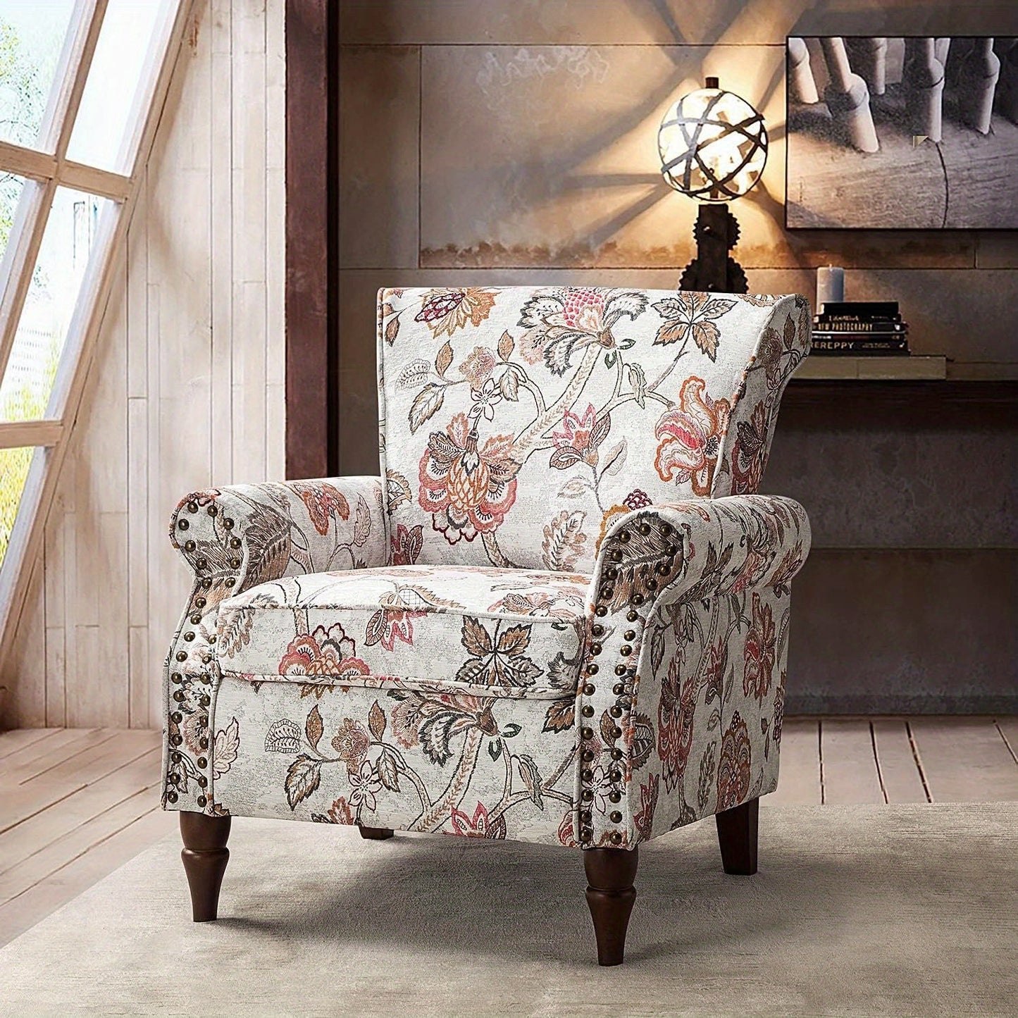 Modern Wingback Accent Chair With Wood Legs & Removable Cushion, Stadium Seats For Sports Fields, Sport Event, Comfy Upholstered Armchair With Nailhead Trim, Floral Pattern Sofa Chair For Bedroom Living Room, Floral - Blu Lotus Boutique