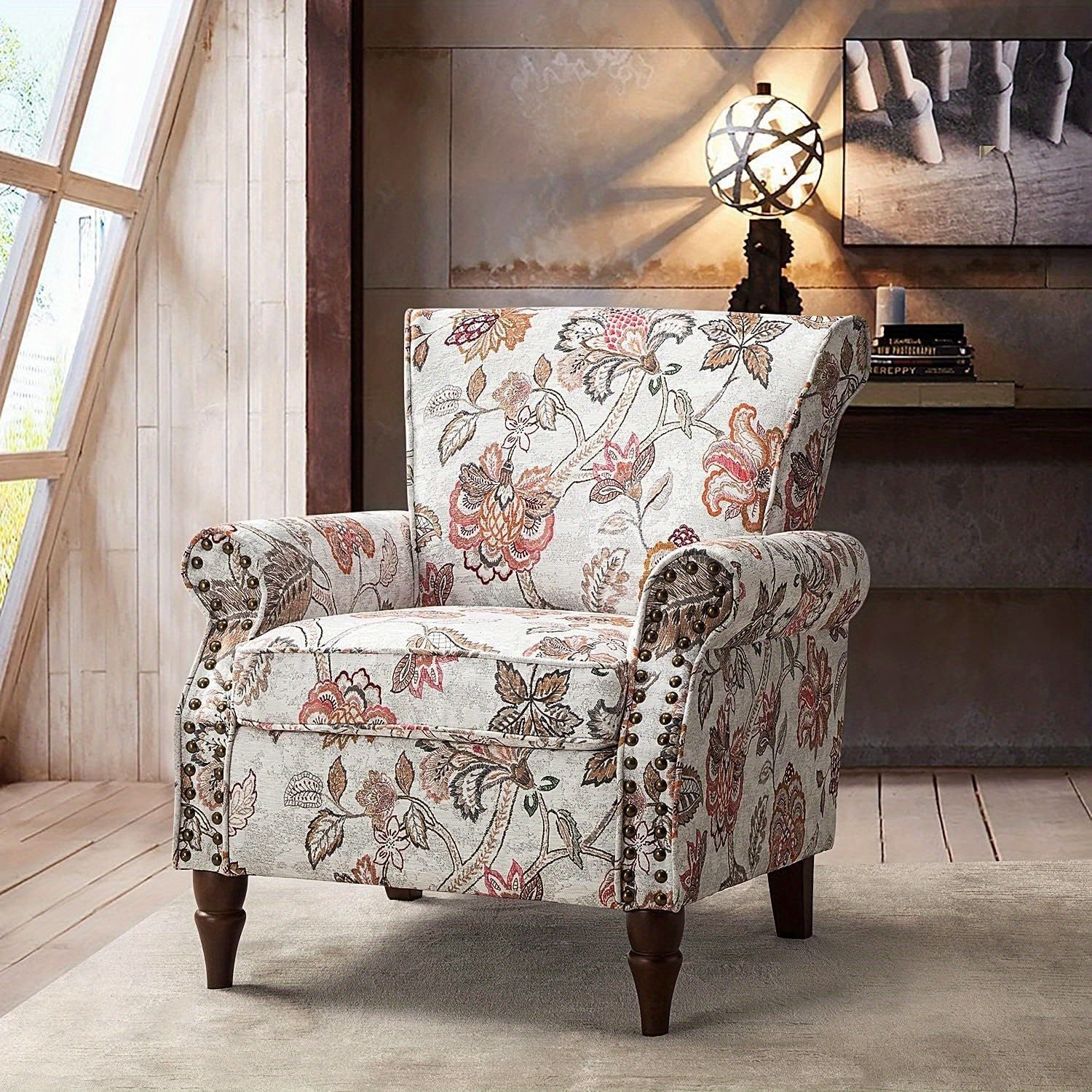 Modern Wingback Accent Chair With Wood Legs & Removable Cushion, Stadium Seats For Sports Fields, Sport Event, Comfy Upholstered Armchair With Nailhead Trim, Floral Pattern Sofa Chair For Bedroom Living Room, Floral - Blu Lotus Boutique