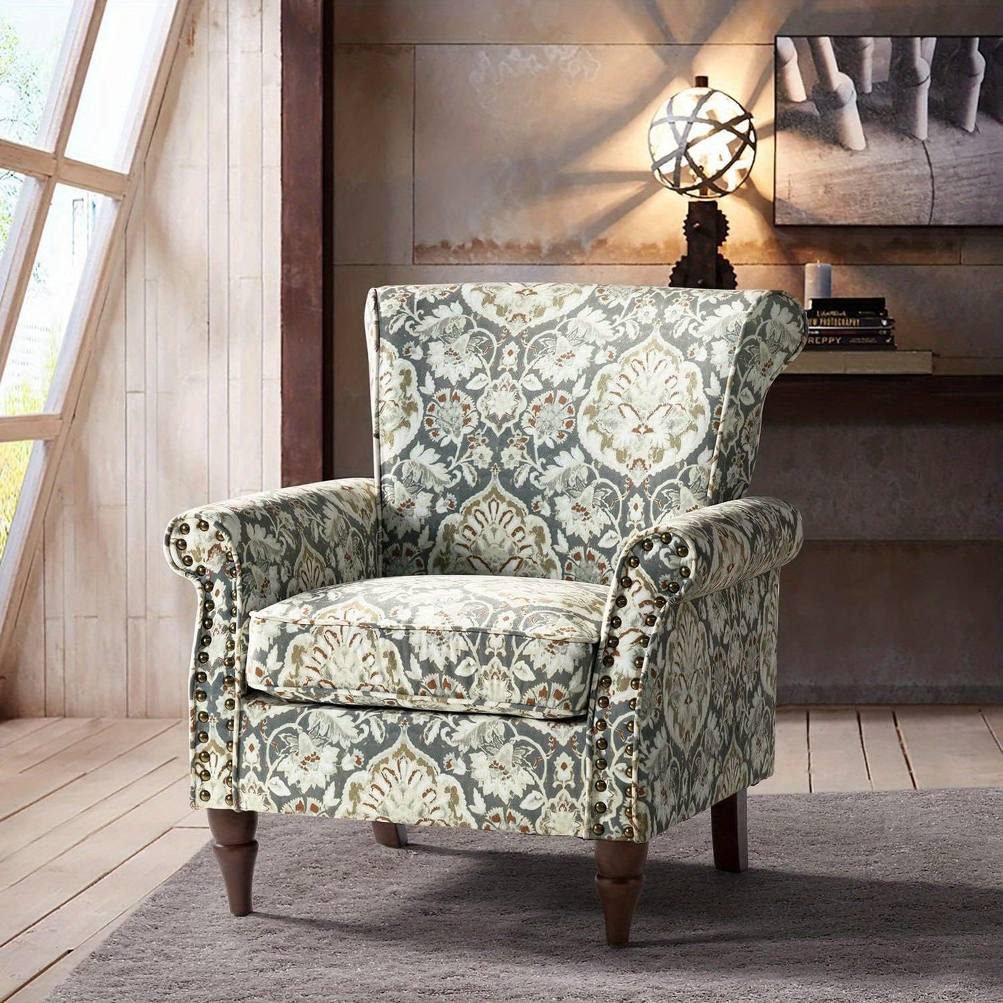 Modern Wingback Accent Chair With Wood Legs & Removable Cushion, Stadium Seats For Sports Fields, Sport Event, Comfy Upholstered Armchair With Nailhead Trim, Floral Pattern Sofa Chair For Bedroom Living Room, Floral - Blu Lotus Boutique