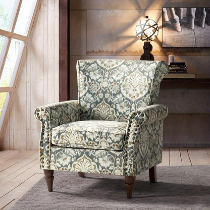 Modern Wingback Accent Chair With Wood Legs & Removable Cushion, Stadium Seats For Sports Fields, Sport Event, Comfy Upholstered Armchair With Nailhead Trim, Floral Pattern Sofa Chair For Bedroom Living Room, Floral - Blu Lotus Boutique